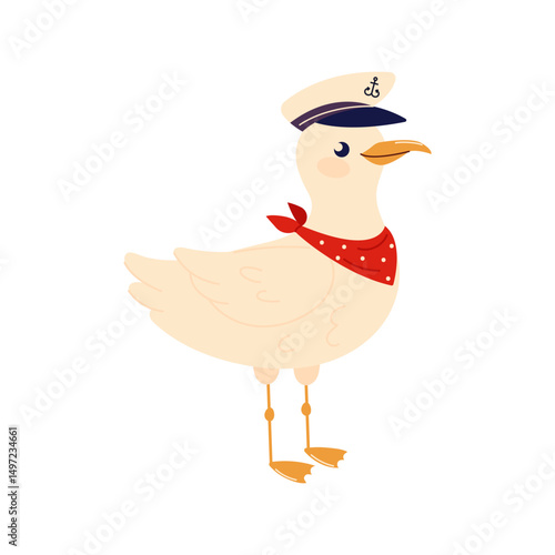 Cute seagull character, funny sailor marine bird in captain clothes. Seagull sailor isolated on white background. Vector illustration in a childish style, hand drawn