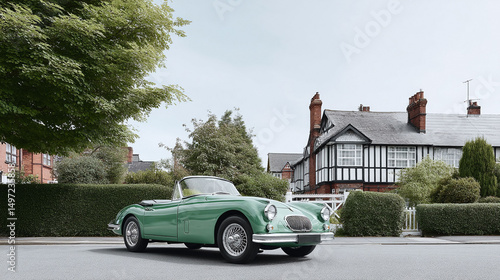 A vibrant green, vintage convertible car parked on a quiet street in front of charming houses. Evokes themes of classic style, luxury, and relaxed travel.