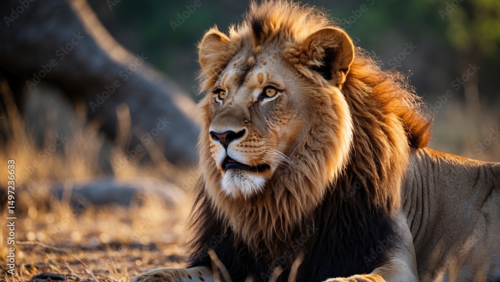 Fototapeta premium A majestic lion resting on the ground in a natural environment.