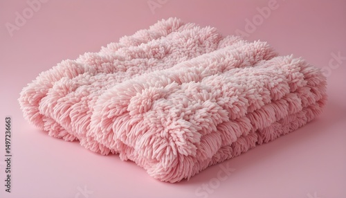 Fluffy throw blanket on pastel pink background, soft and cozy feel