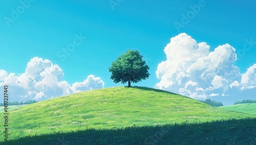 A green, grassy hill with a blue sky and white clouds, with a single tree in the center of it. The top half is a blue sky with some small, white, puffy clouds.