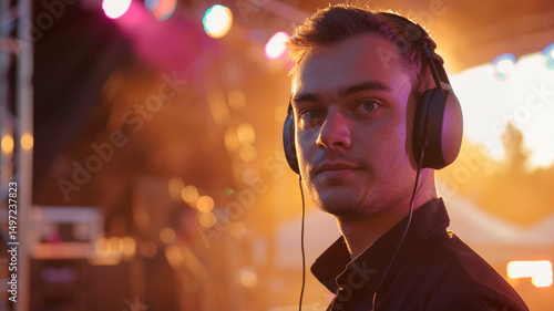 Professional stage manager backstage at a summer music festival, wearing a headset and black shirt, focused expression, colorful stage lights in background, afternoon sun, realistic human features, cl
