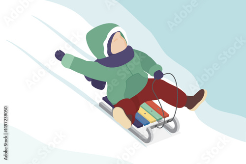 Child sledging the hill. Wintertime activity. Kid enjoy outdoor cold weather. Vector isometric illustration