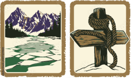Illustrative Vector Art of Mountain Landscape and Directional Signpost