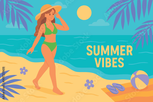 Woman in green swimsuit and sunhat walking on tropical beach. Perfect for summer promotions, travel websites, vacation ads, posters, seasonal social media posts. Flat simple vector illustration.