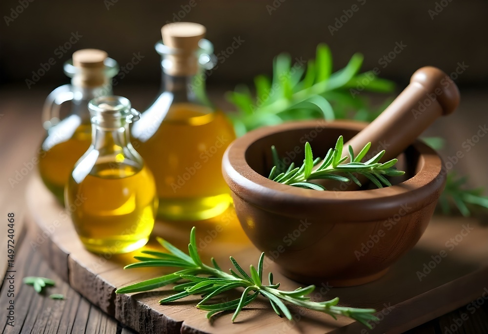 Assorted Olive Oil Bottles with Herbs on Wooden Table Assorted Olive Oil Bottles with Herbs on Wooden Table