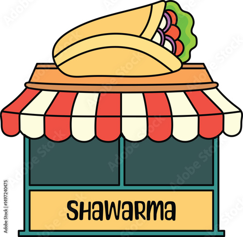 Shawarma shop with striped canopy illustration