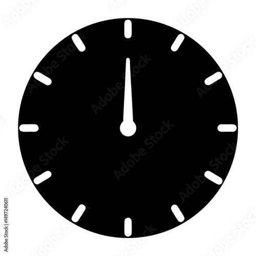 Black clock with a white hand pointing straight up indicating twelve o'clock