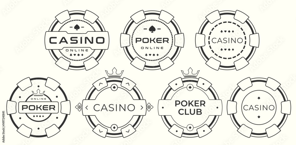 Linear style black and white icons set of casino and poker chips. Ideal for minimalist game UI, poker clubs, gambling websites, and logo design projects Linear style black and white icons set of casino and poker chips. Ideal for minimalist game UI, poker clubs, gambling websites, and logo design projects