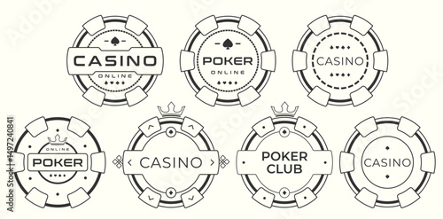 Linear style black and white icons set of casino and poker chips. Ideal for minimalist game UI, poker clubs, gambling websites, and logo design projects