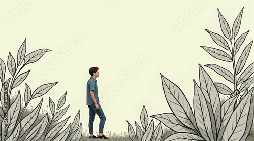 Young man standing among illustrated leaves against a light background  