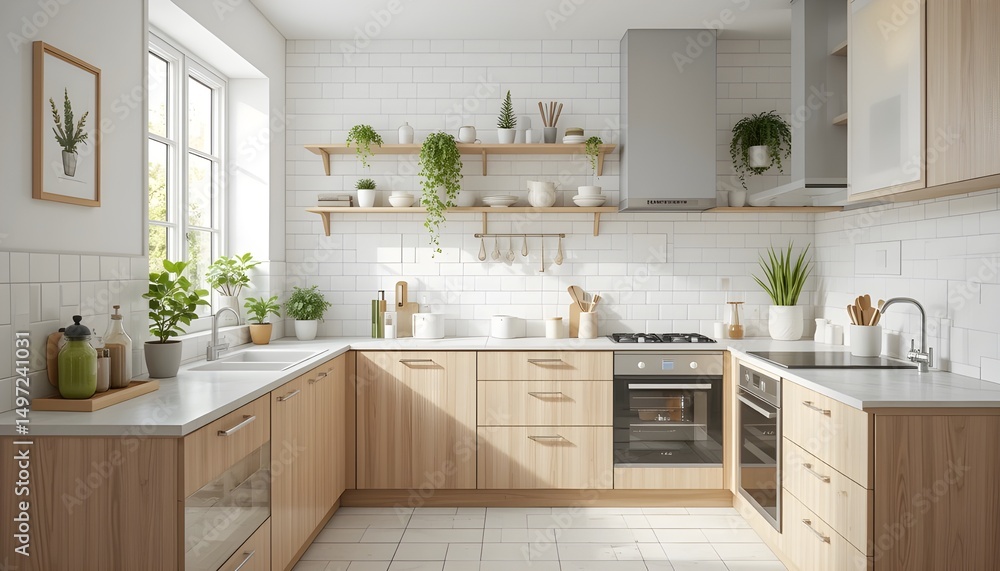 Bright Scandinavian-style kitchen with light wood finishes, white tiles, compact shelving, and indoor plants on windowsill, cozy and clean design Bright Scandinavian-style kitchen with light wood finishes, white tiles, compact shelving, and indoor plants on windowsill, cozy and clean design