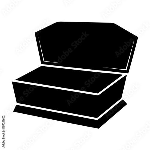 Simple black and white illustration of an open coffin, a burial box