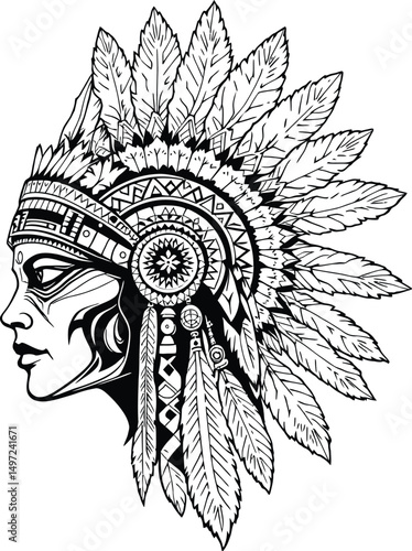 Intricate Native American Headdress Vector EPS File with Detailed Feather Design and Tribal Patterns for Cultural Art Projects