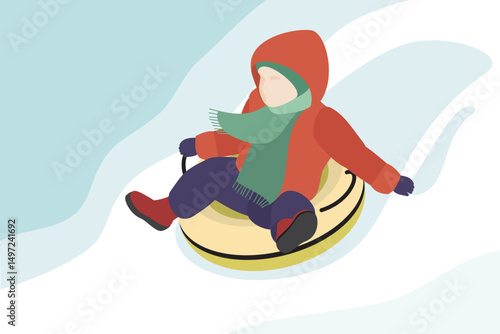 Happy child in winter outerwear sliding down on snow tube. Vector isometric illustration 