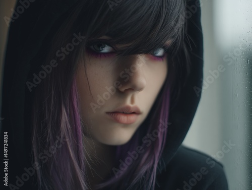 Young person with dark, lay...