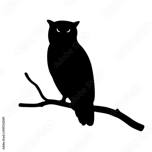 Silhouette of an Owl Perched on a Branch Against a White Background