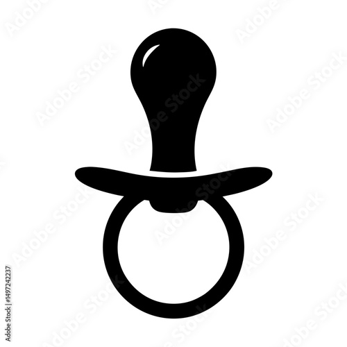 A simple black silhouette illustration of a baby pacifier or soother