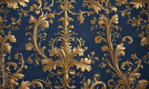 Intricate damask, swirling vines & leaves, elegant gold on deep blue ,  repeat,  leaves,  rococo