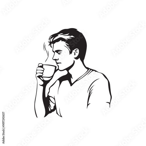 Vector illustration of a man drinking tea from a cup, capturing a calm and relaxed moment