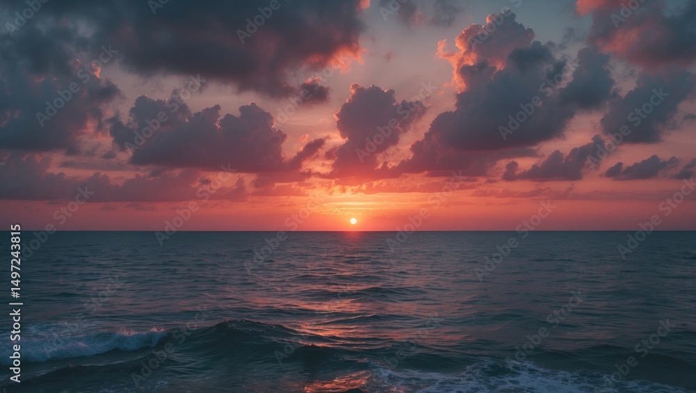 Obraz premium Sunset over the ocean with dramatic clouds and vibrant colors. Nature and seascape, serene scene, dusk, calm waters, beautiful sky, and horizon.