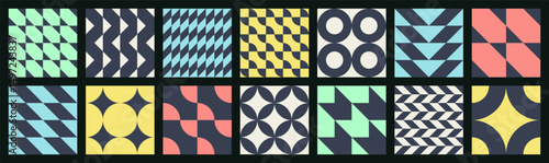 Big set of abstract contemporary seamless multicolor minimalism patterns of simple geometric gray shapes on a black background in brutalism style; red, blue, yellow and green colors; flat style