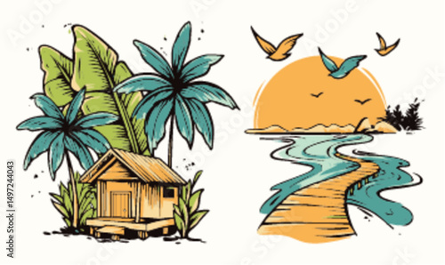 Tropical Island Scene with House, Palm Trees, Sun and Ocean Waves Art