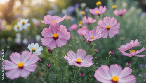 Pink and white cosmos flowers in a garden with green foliage and blurred background.