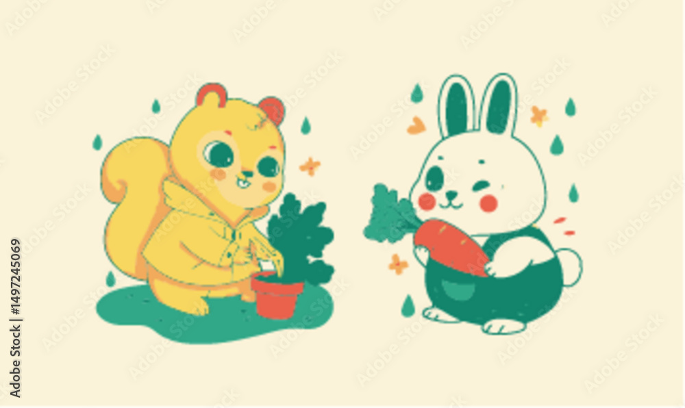 Cute Squirrel and Bunny Characters Gardening in Vibrant Vector Art Cute Squirrel and Bunny Characters Gardening in Vibrant Vector Art
