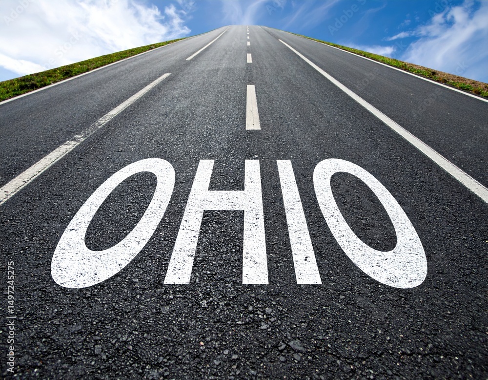 Fototapeta premium Ohio roadway stretching into horizon with clear blue sky