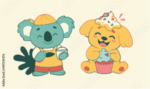 Cute Koala and Puppy Characters Enjoying Sweet Treats in Playful Style