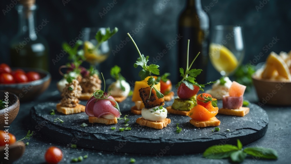 Naklejka premium Assorted gourmet appetizers on a dark slate platter with fresh herbs, vegetables, and dips arranged beautifully, ready for serving.