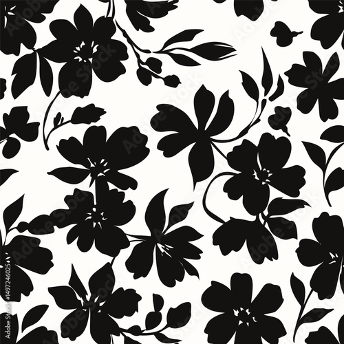 Floral seamless pattern. Organic abstract flower background. Modern print in black and white for textile design, fabric, wallpaper, cards, wall art, posters, covers and home decoration.