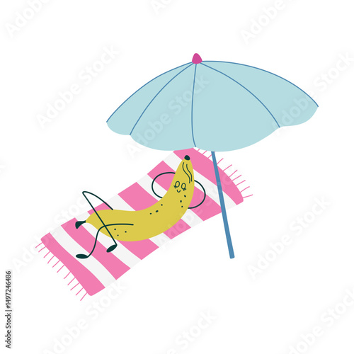 Cute banana character sunbathing on beach. Kawaii fruit character enjoying Summer beach vacations. Hand drawn flat design vector illustration.
