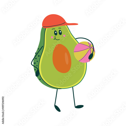 Cute avocado character with ball. Kawaii fruit character enjoying Summer beach vacations. Hand drawn flat design vector illustration.
