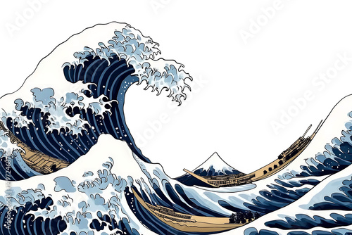 The great wave off kanagawa illustration with fishing boats on transparent background png