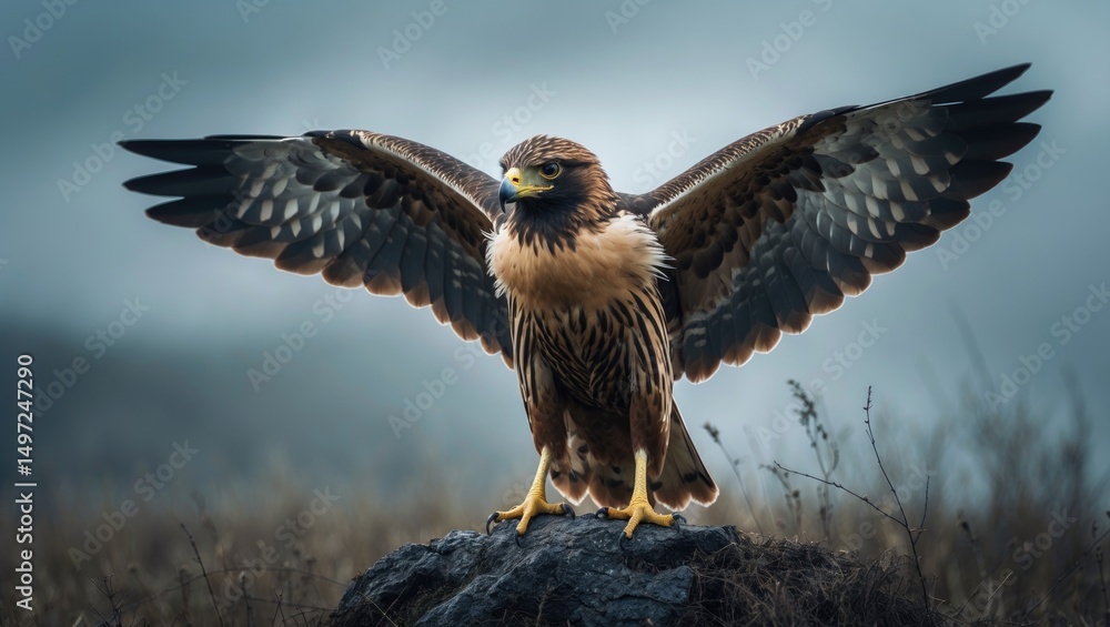 Fototapeta premium A majestic bird of prey spreading its wings while perched on a rock in a natural setting.