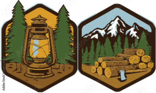 Vintage Lantern and Log Pile Vector Art for Nature and Adventure Themes