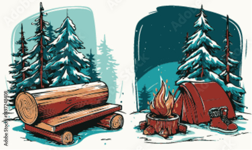 Winter Camping Scene with Log, Tent, Campfire, and Pine Trees