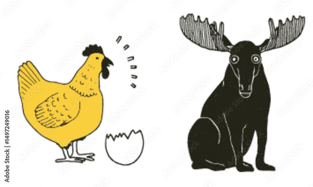 Fototapeta premium Charming Vector Illustrations of Chicken and Moose for Creative Projects