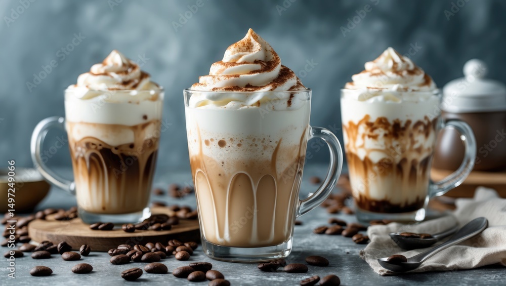 Three whipped coffee drinks with whipped cream and cocoa powder, surrounded by coffee beans and spoons. Three whipped coffee drinks with whipped cream and cocoa powder, surrounded by coffee beans and spoons.