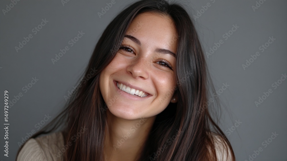 A young woman with long dark hair displays a joyful smile, radiating warmth and friendliness in a simple, neutral background. Her expression conveys happiness and approachability. A young woman with long dark hair displays a joyful smile, radiating warmth and friendliness in a simple, neutral background. Her expression conveys happiness and approachability.