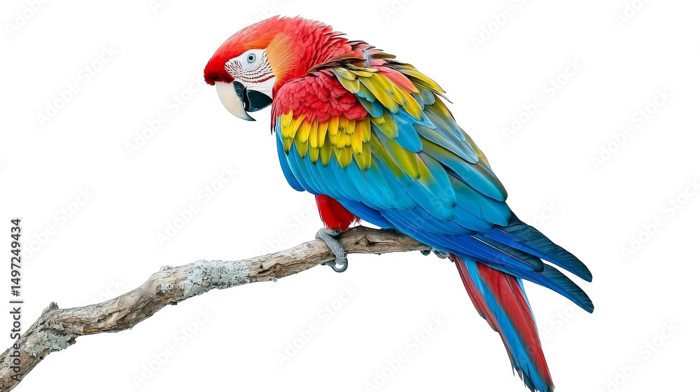 Fototapeta premium Colorful parrot perched on branch with vibrant feathers and expressive eyes, isolated on transparency background