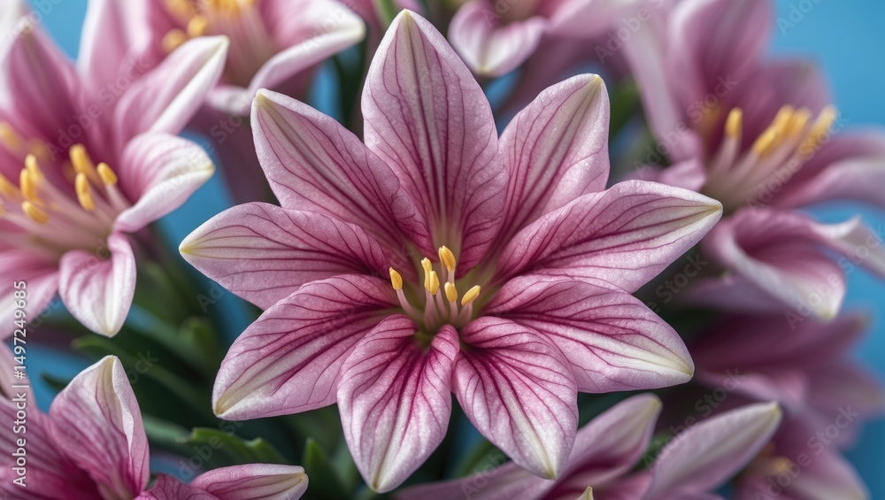 Obraz premium Close-up of pink and white lilies with yellow stamens, detailed floral image.