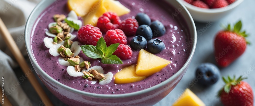 Colorful berry smoothie bowl with fresh raspberries, blueberries, pineapple, and nuts, served in a bowl with extra fruit on the side. Colorful berry smoothie bowl with fresh raspberries, blueberries, pineapple, and nuts, served in a bowl with extra fruit on the side.