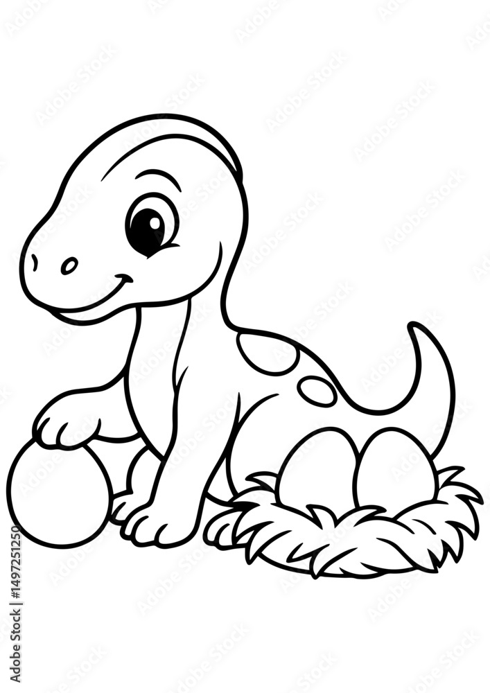 Fototapeta premium Cute baby dinosaur in black and white vector style on white background. Perfect for engraving, print, logo, and creative illustration projects