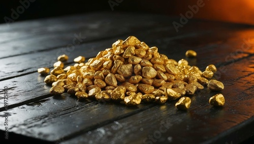 Golden Nuggets on Rustic Table: A captivating close-up reveals a pile of glistening, golden nuggets artfully arranged on a weathered wooden surface, evoking themes of wealth, prosperity.