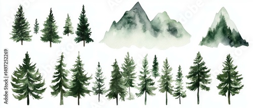 A set of watercolor forest graphics, highlighting diverse trees and mountains in green colors on white backgrounds.