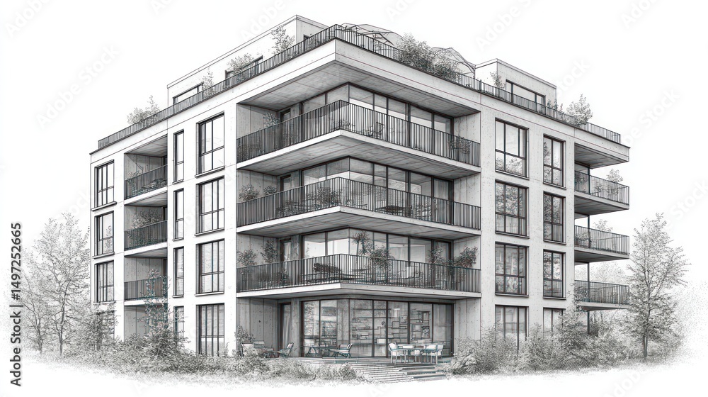 Fototapeta premium Architectural Sketch: Modern Apartment Building Design