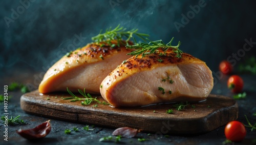Sliced roasted chicken breast on a wooden board with herbs and cherry tomatoes photo